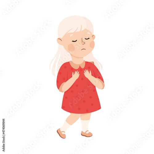 Little Girl Standing Looking Down and Feeling Sad Vector Illustration