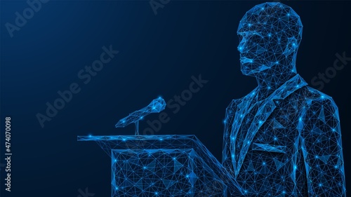 Politician in a business suit gives an interview in front of a stand with a microphone. Polygonal design of interconnected lines and points. Blue background.