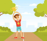 Smiling Boy with Golden Cup and Medal Award Standing and Cheering Vector Illustration