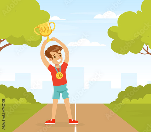 Smiling Boy with Golden Cup and Medal Award Standing and Cheering Vector Illustration