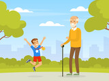 Smiling Boy Jumping with Joy Having Medal Award Walking with Granddad in the Park Vector Illustration