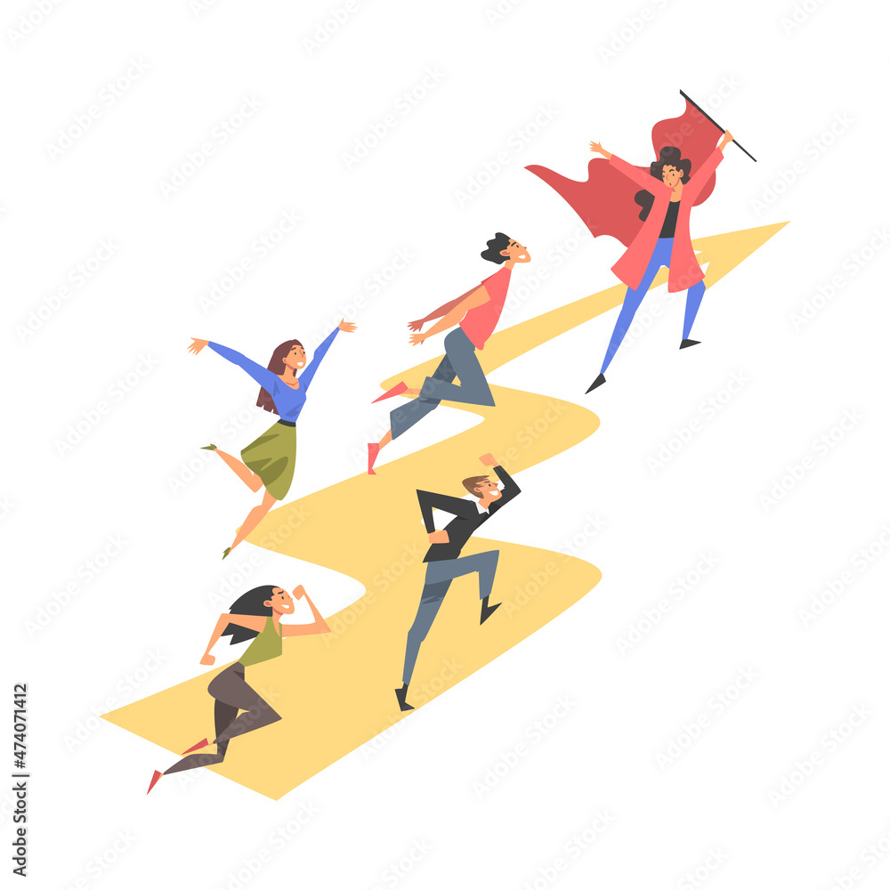 Leadership with People Character Running Forward Pursuing Goal Vector Illustration