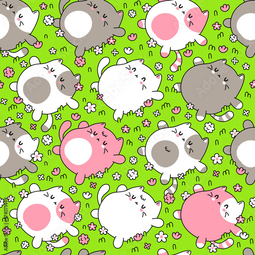 Cute funny cat sleep on meadow seamless pattern.Vector hand drawn doodle cartoon kawaii character illustration logo. Cute happy cats sleep,cozy dream,lazy cartoon character seamless pattern concept