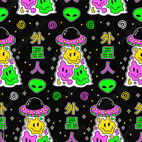 Ufo alien flying saucer and melting face seamless pattern print art.Vector line doodle cartoon graphic illustration design.Ufo,alien,flying saucer print for poster, t-shirt seamless pattern concept