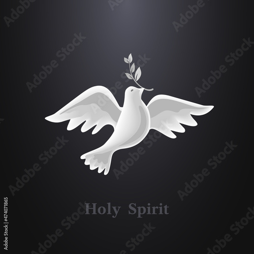 Dove Holy Spirit with olive branch vector poster. Christian holiday Pentecost Trinity Sunday concept. Church sacrament symbol. Pentecost greeting. Biblical flying spiritual dove religious illustration