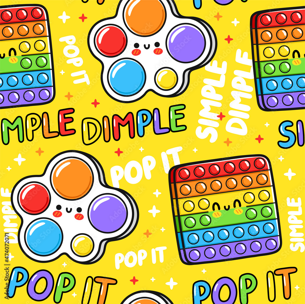 Cute funny Pop it and simple dimple sensory toy seamless pattern design.  Vector hand drawn cartoon kawaii character illustration icon.Pop it,popit,simple  dimple toy seamless pattern doodle concept Stock Vector | Adobe Stock