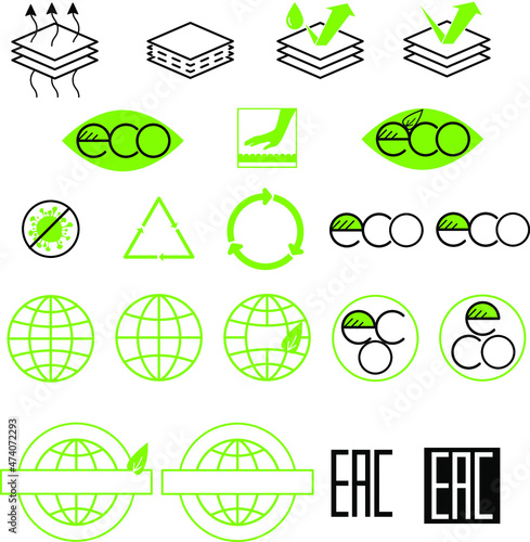 a set of icons in black and green for designations on the packaging of goods, ecology