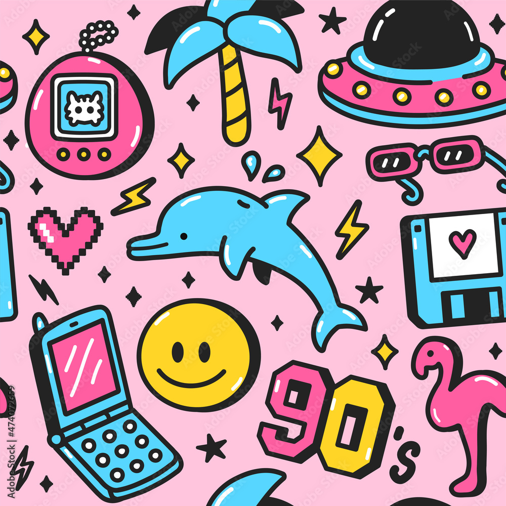 90s retro vintage teen style seamless pattern. Vector cartoon doodle  character illustration wallpaper design. 90s,1990,teenager,dolphin,palm,smile  fac print for poster,t-shirt seamless pattern concept Stock Vector | Adobe  Stock