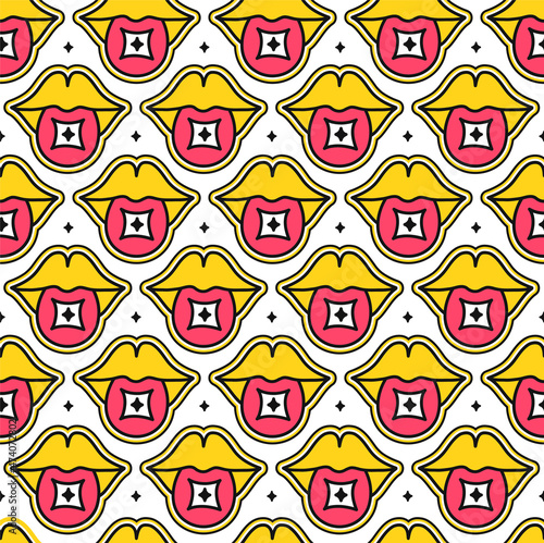 Lips with acid lsd blotter on tongue seamless pattern wallpaper.Vector hand drawn doodle cartoon character illustration. Acid mark,lsd blotter on tongue,trippy seamless pattern wallpaper print concept photo