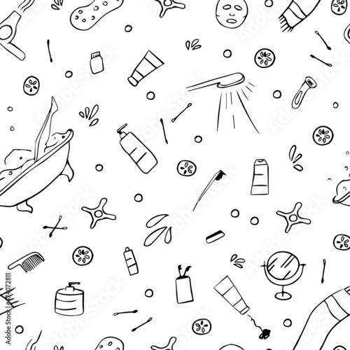 Vector seamless pattern like doodle. Drawn bathroom accessories, all for showering