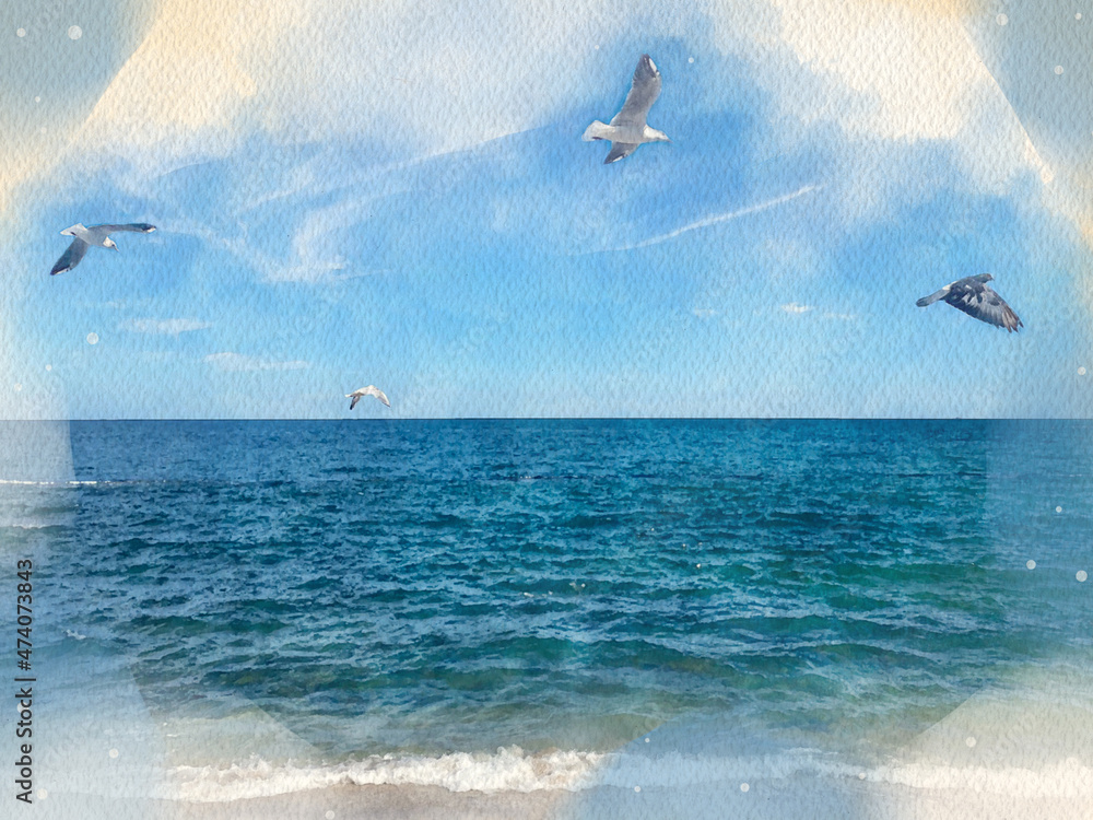 Fototapeta premium Watercolor pattern of a sea seagull scenic colorful illustration