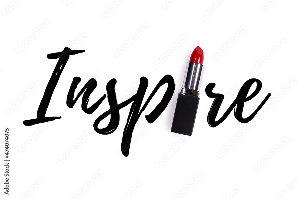 Creative fashion beauty concept photo of lipstick with sign text font on white background. Creative fashion beauty concept photo of lipstick with sign text font on white background.