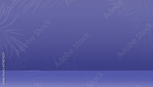 Studio Room with palm leaves on purple wall.Vector 3D illustration empty Gallery room with branches coconut leaves with sunlight,Minimal design use for backdrop shooting for products