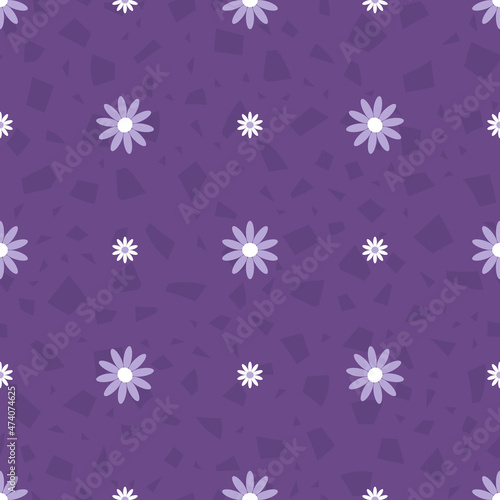 Lilac seamless pattern with abstraction. Cute white flower on a purple background. Modern classic floral design for textile and print decoration. Bloom and foliage, trendy print on lilac. Vector  © TaMih