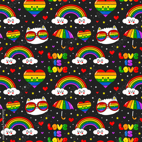 Cute kawaii Gay,LGBT seamless pattern. Vector doodle cartoon character illustration design. Gay,lgbt rigts,rainbow,heart seamless pattern print design for poster, t-shirt concept