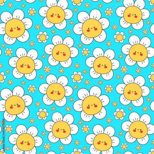 Cute funny kawaii smile face flowers on blue background seamless pattern.Vector cartoon kawaii character illustration design.Positive vintage smile face chamomile flower seamless pattern concept