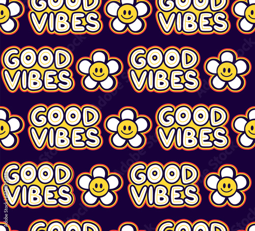 Good vibes funny hippie quote flowers seamless pattern. Vector hand drawn logo cartoon character illustration. Good vibes flower hippie 60s fashion seamless pattern print concept