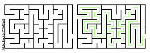 Abstract maze. Find right way. Isolated simple square maze black line on white background. Vector illustration.