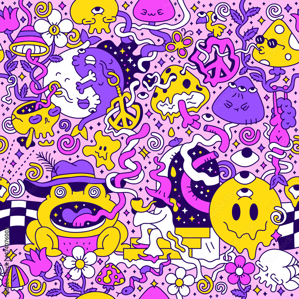 Psychedelic trippy seamless pattern.Mushroom,magic wizard smoking,melt smile face.Vector cartoon character illustration design.Trippy 60s,70s,magic mushroom,acid,cannabis seamless pattern art concept