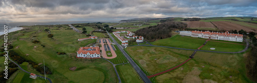 Turnberry in Ayrshire Scotland. Aerial view looking over the old airfield and sea photo
