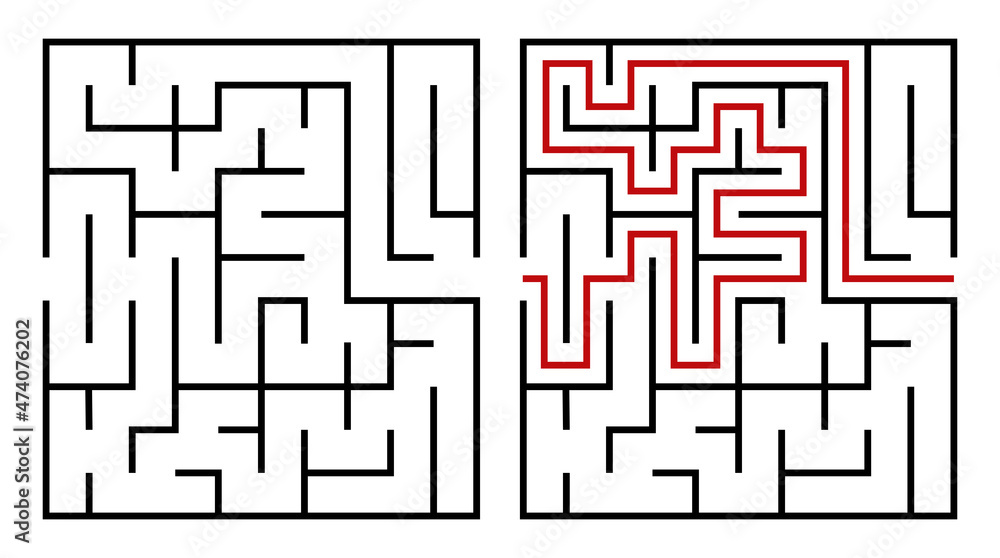 Abstract maze. Find right way. Isolated simple square maze black line on white background. Vector illustration. Abstract maze. Find right way. Isolated simple square maze black line on white background. Vector illustration.