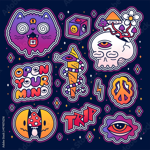 Funny crazy psychedelic stickers set print. Vector cartoon illustration sticker pack design. Psychedelic,groovy,trippy,lsd acid,magic mushrooms print for t-shirt,poster,card concept