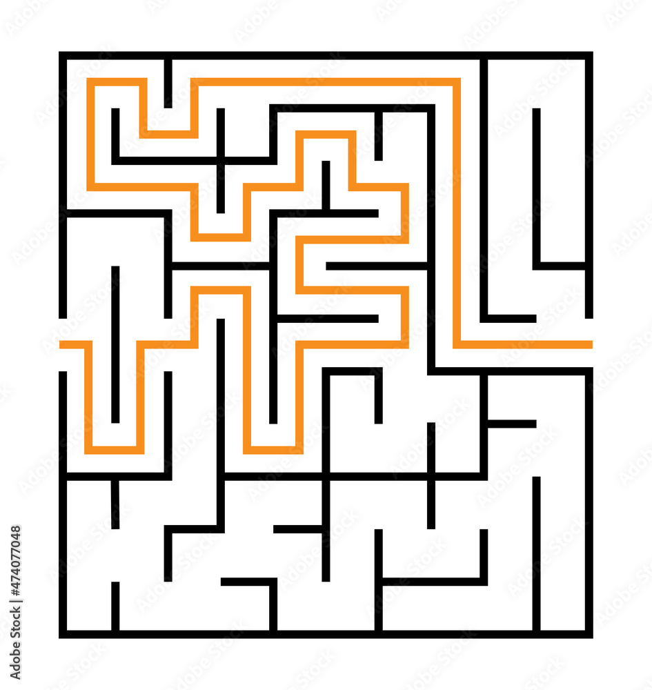 Abstract maze. Find right way. Isolated simple square maze black line on white background. Vector illustration. Abstract maze. Find right way. Isolated simple square maze black line on white background. Vector illustration.