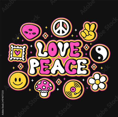 Hippie groovy 60s style t-shirt print. Love peace quote slogan.Vector hand drawn trendy cartoon character illustration. Hippie,groovy,60s,70s bundle print for t-shirt,poster,card, sticker set concept