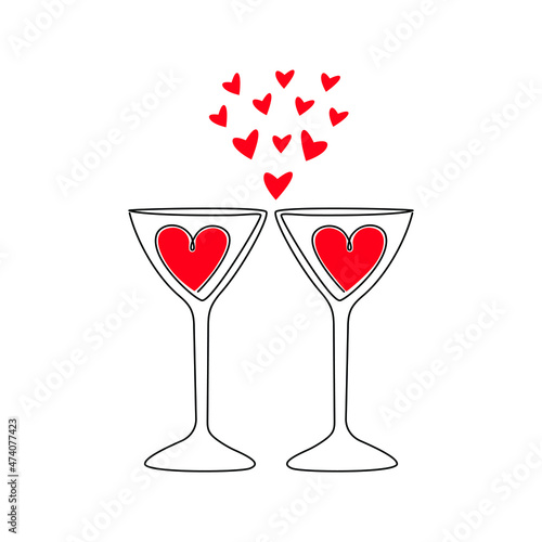 A linear painting of two glasses with champagne and a heart. Heart-shaped romantic toast concept in the style of continuous drawing. Isolated in a simple white image for Valentine's Day or wedding 