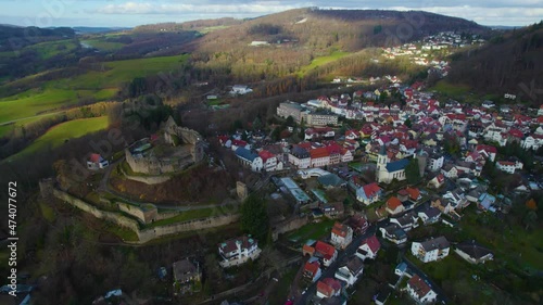 Aerial view of the city Lindenfels in Germany. On a overcast day in Autumn.  photo