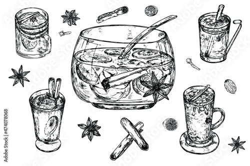 Punch bow, Mulled wine. Black and white stock illustration. Engraving. Festive drink. With ladle.Isolated on white background.For restaurants, menus, bars design