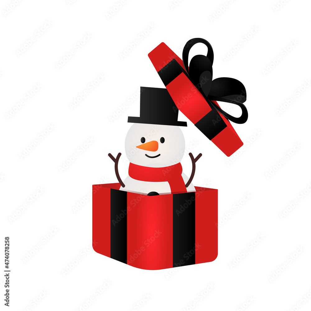 Illustration of snowman in a red gift box