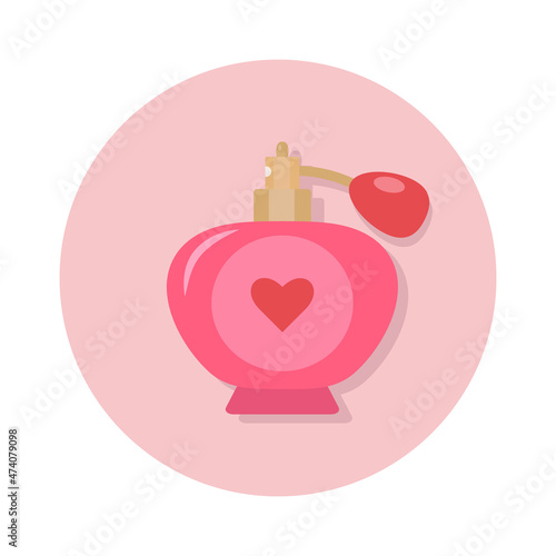 vector illustration of perfume, beautiful pink jar of fragrant perfume with a heart in a flat style, pheromones, icon in a pink circle. beauty concept logo