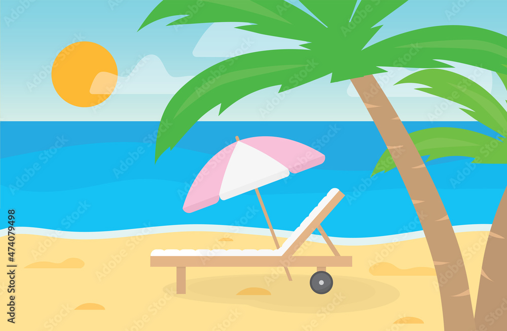 sun bed with umbrella on the tropical beach- vector illustration
