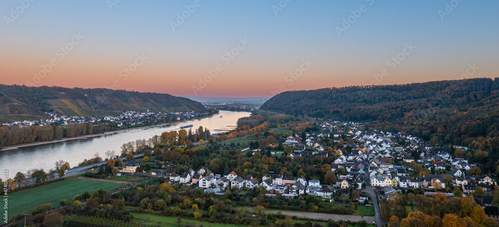 Sunset over the Rhine at Andernach Namedy in Rhineland Palatinate, Germany