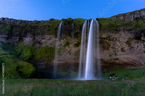 Beautiful view of the Seljalandsfoss waterfall in Iceland on sunset