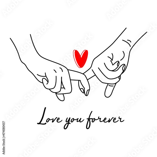 Two hands with interlocked or intertwined fingers hand drawn by black contour lines on white background. Vector illustration.