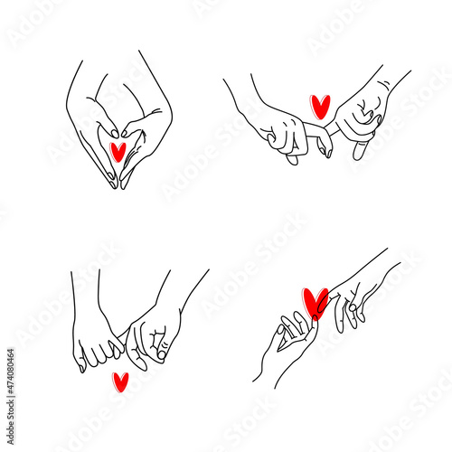 A set of touching hands and intertwined fingers drawn in black contour lines on a white background. Vector illustration.