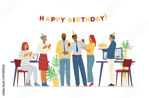 Multiracial business team celebrates colleague's birthday in the office