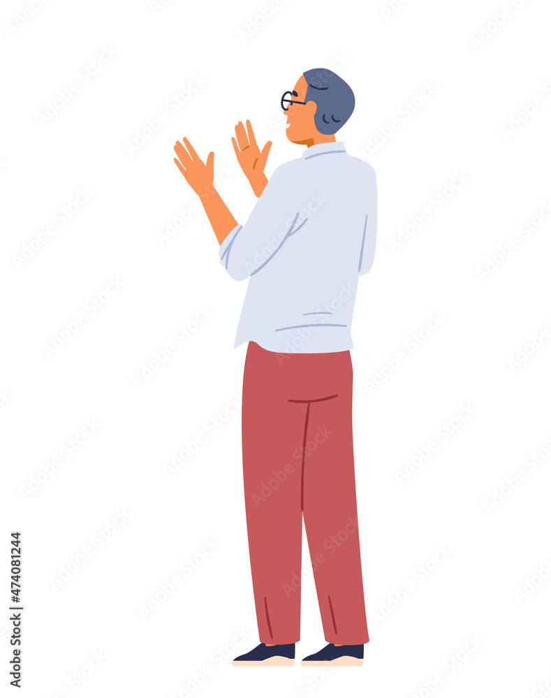 Smiling man wearing glasses standing back applauding flat vector isolated illustration.