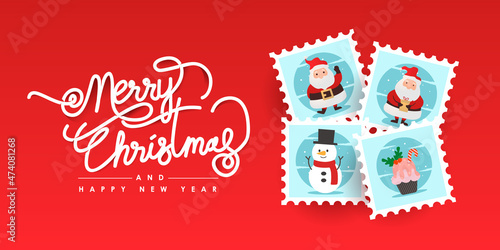 Banner christmas and new year with christmas stamp on red background