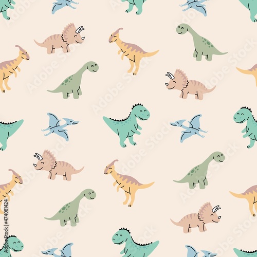 Seamless pattern with hand drawn dinosaurs in scandinavian style. Creative vector trendy childish background for fabric, textile