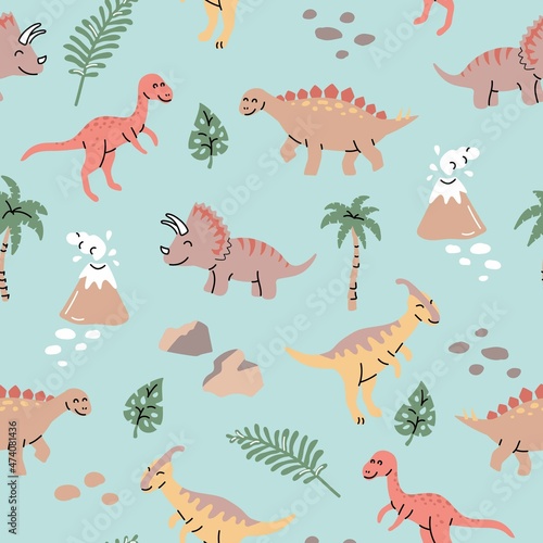 Fototapeta Naklejka Na Ścianę i Meble -  Seamless pattern with hand drawn dinosaurs in nature in scandinavian style. Creative vector trendy childish background for fabric, textile