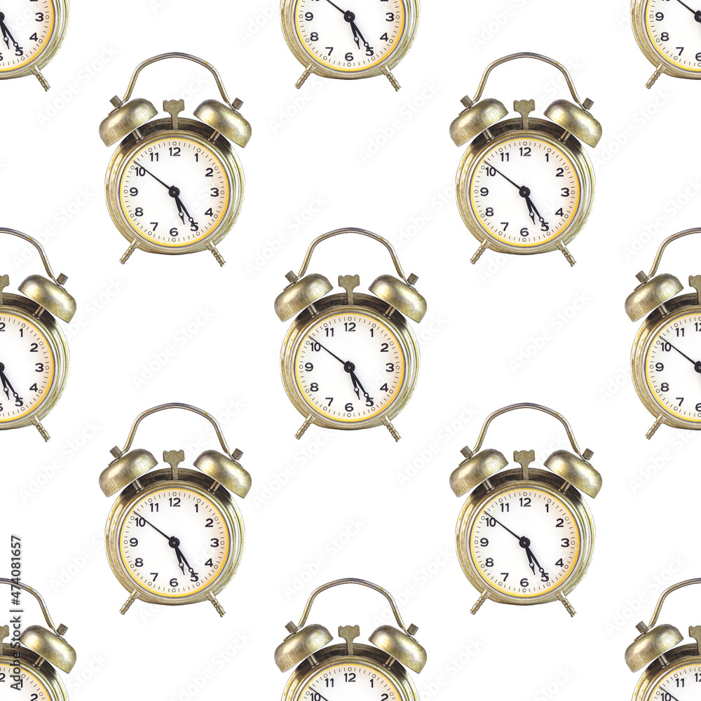 Retro alarm clock repeat seamless pattern on white background. Retro alarm clock repeat seamless pattern on white background.