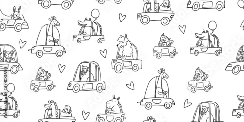 seamless pattern with cute animals on vehicles