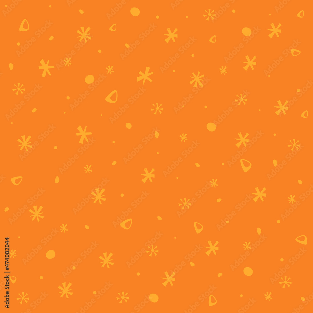 Vector winter pattern on an orange background with a design of snowflakes, triangles, circles and dots