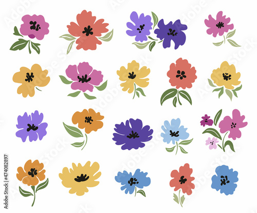 A set of abstract flowers with leaves. Vector illustration.