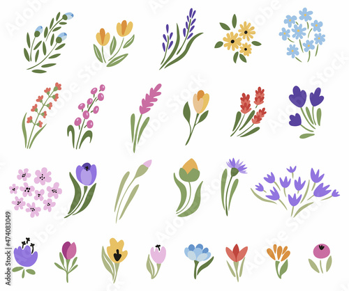 A set of abstract flowers with leaves. Vector illustration.