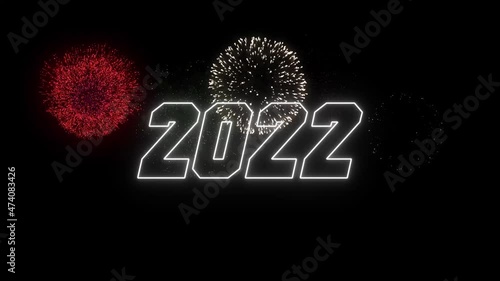 Happy New Year 2022. Firework 2022 happy New Year dark night sky background with decoration with a neon number on black background. illustration winter festival season