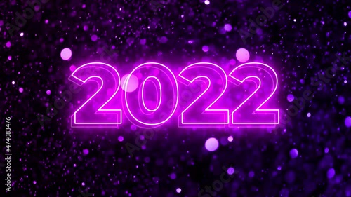 Number 2022 neon light brightly glowing. 2022 happy New Year dark background with decoration with a neon number on black Beautiful purple and blue Glitter Floating background. winter holiday template.
